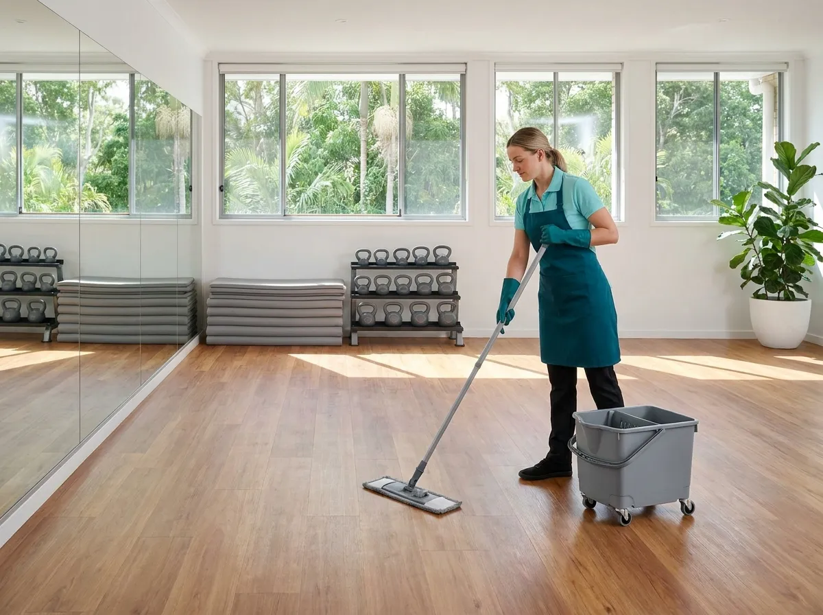 A cleaner mopping the timber floor of a bright, empty group fitness studio with the mats stacked at the rear