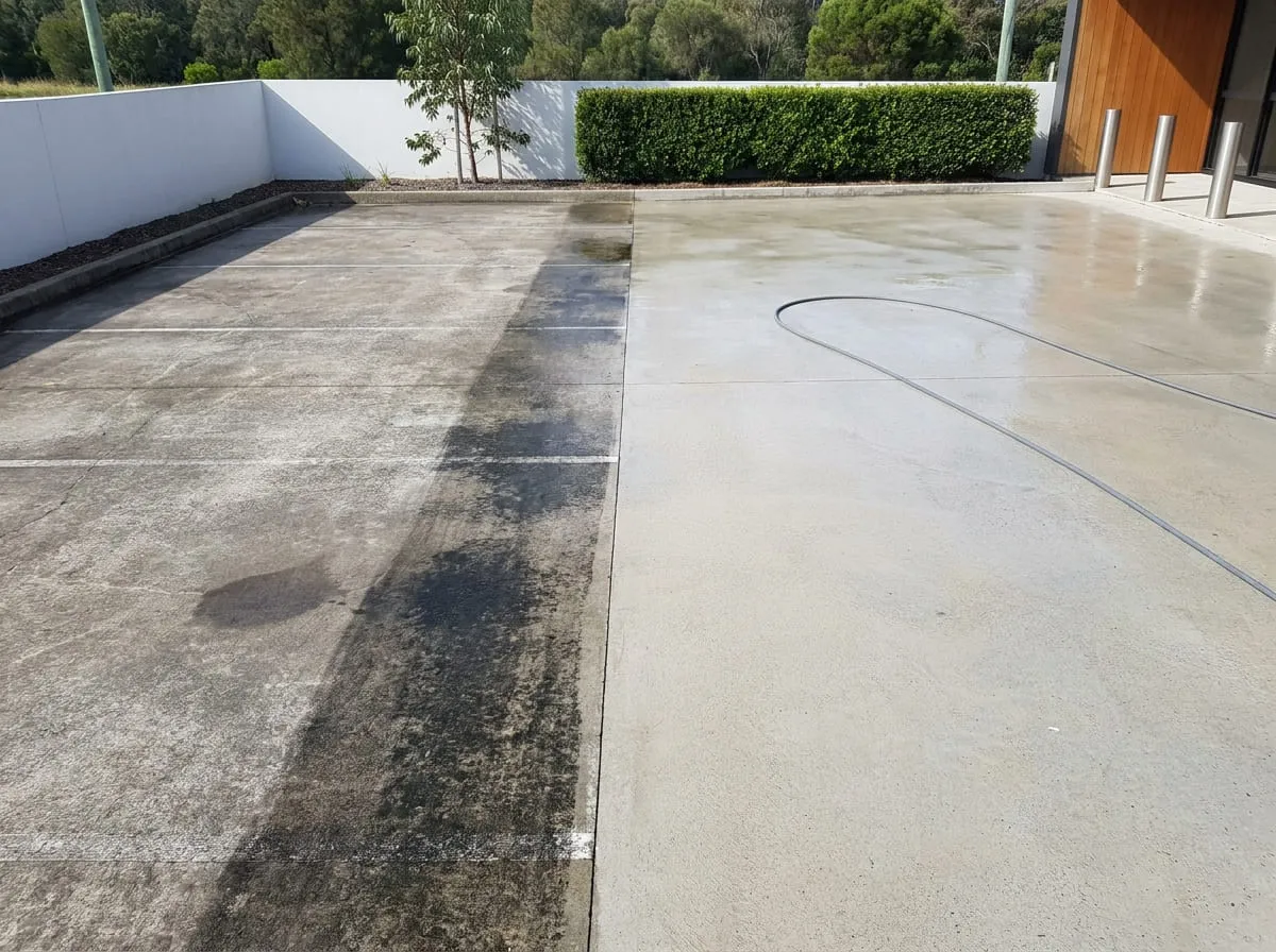 A concrete car park halfway through being pressure cleaned, weathered grey and stained on one side of a straight line and pale and clean on the other
