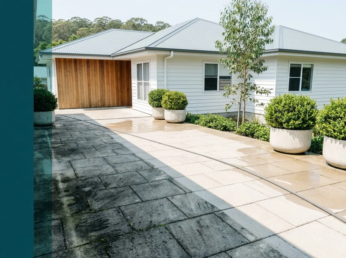 A paved path beside a home halfway through being pressure cleaned, weathered grey and green with algae on one side of a straight line and pale and clean on the other