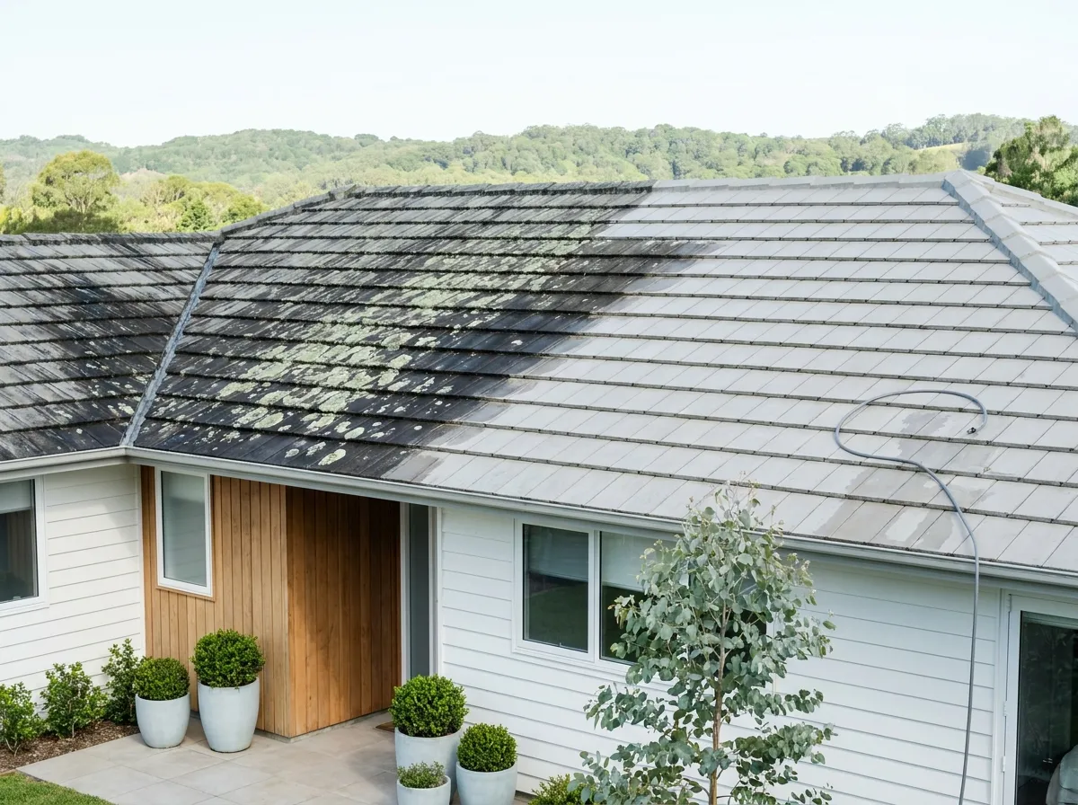 A tiled roof halfway through a soft wash, one side still streaked black with algae and lichen, the other side pale, even and faintly damp