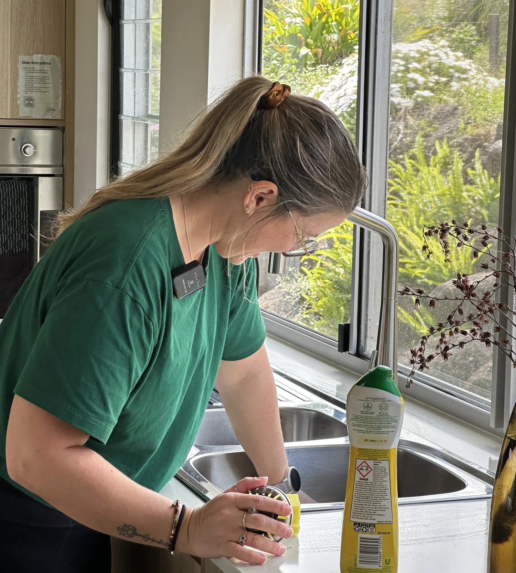 A TLB cleaner scrubbing the kitchen sink beside a garden window