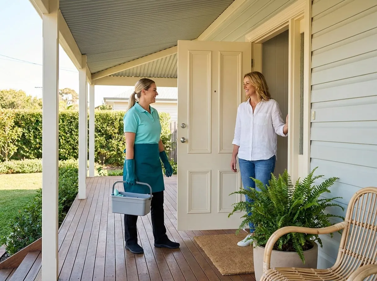 A TLB cleaner with her caddy being greeted at the front door of a home