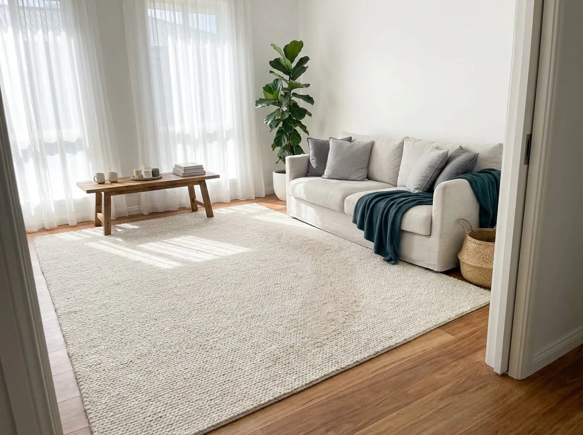A living room rug with a visibly worn, darker traffic path running from the doorway past the sofa