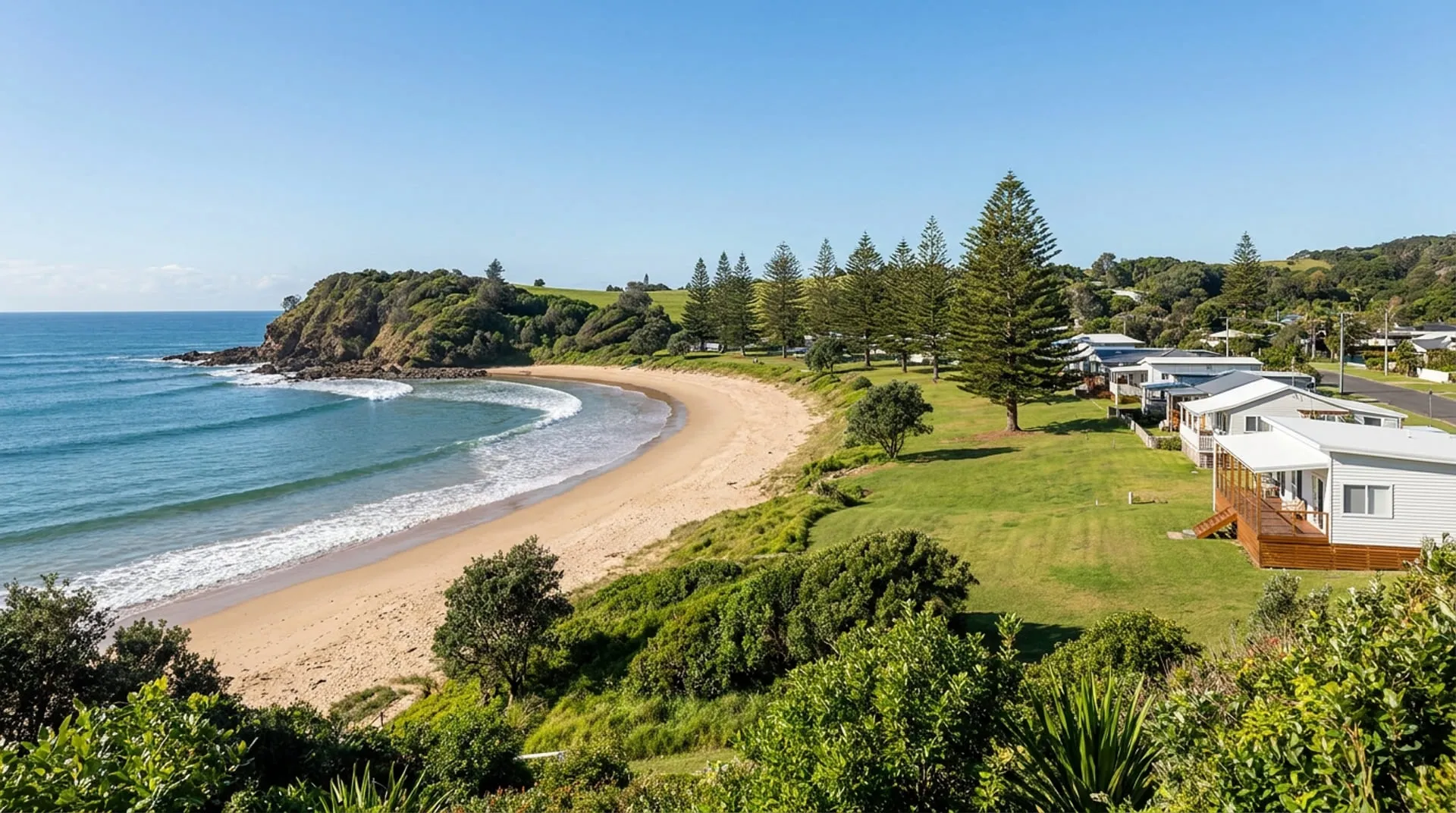 A long sand beach curving from a rocky point below a grassy coastal reserve