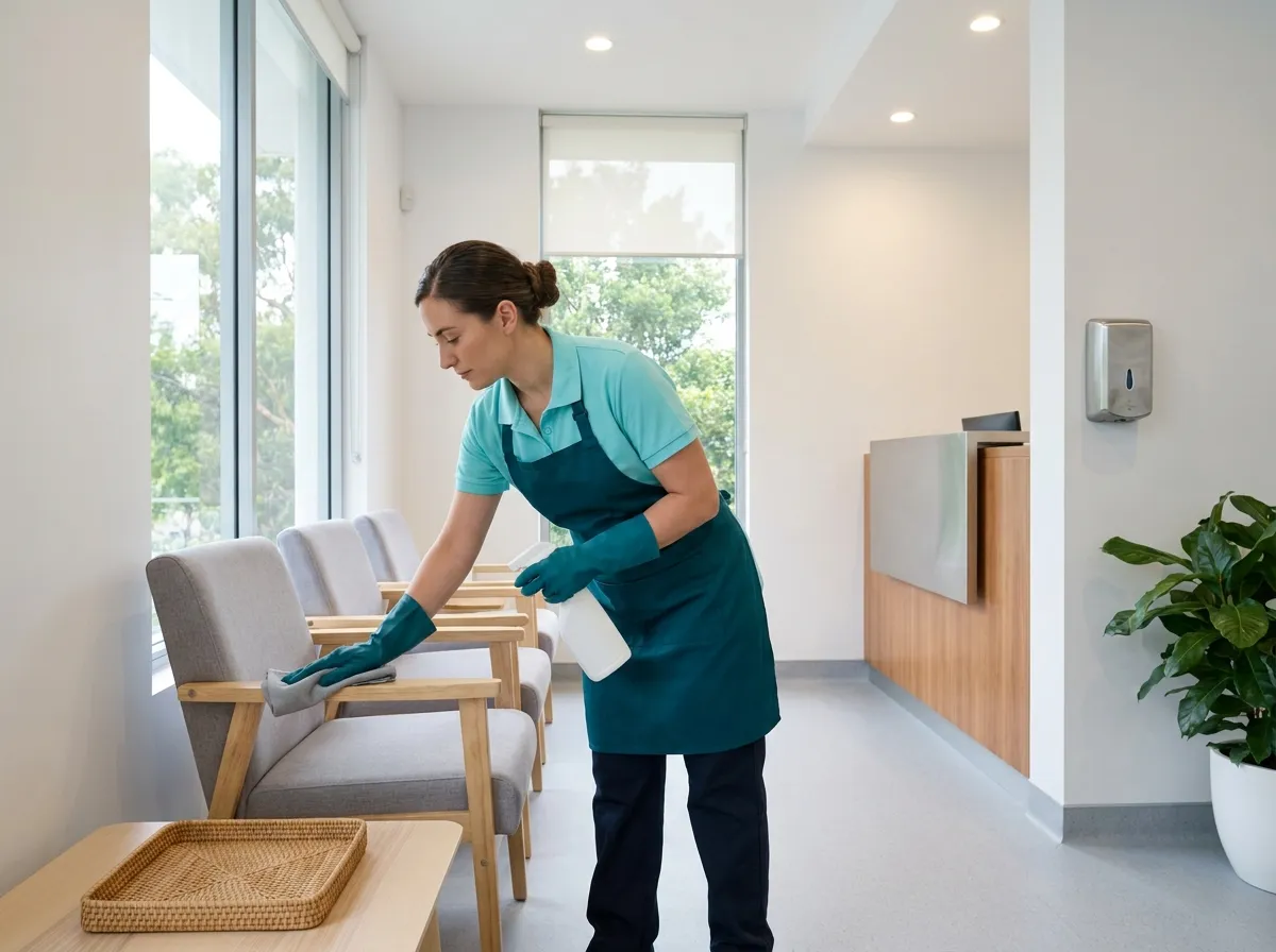 A cleaner wiping down the arm of a waiting room chair in a bright medical practice waiting room before opening
