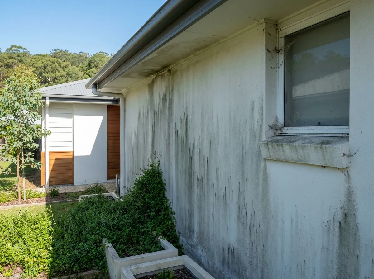 The shaded rendered side wall of a home filmed with grey green mould and algae, with streaks below the eaves and green growth rising from the garden bed