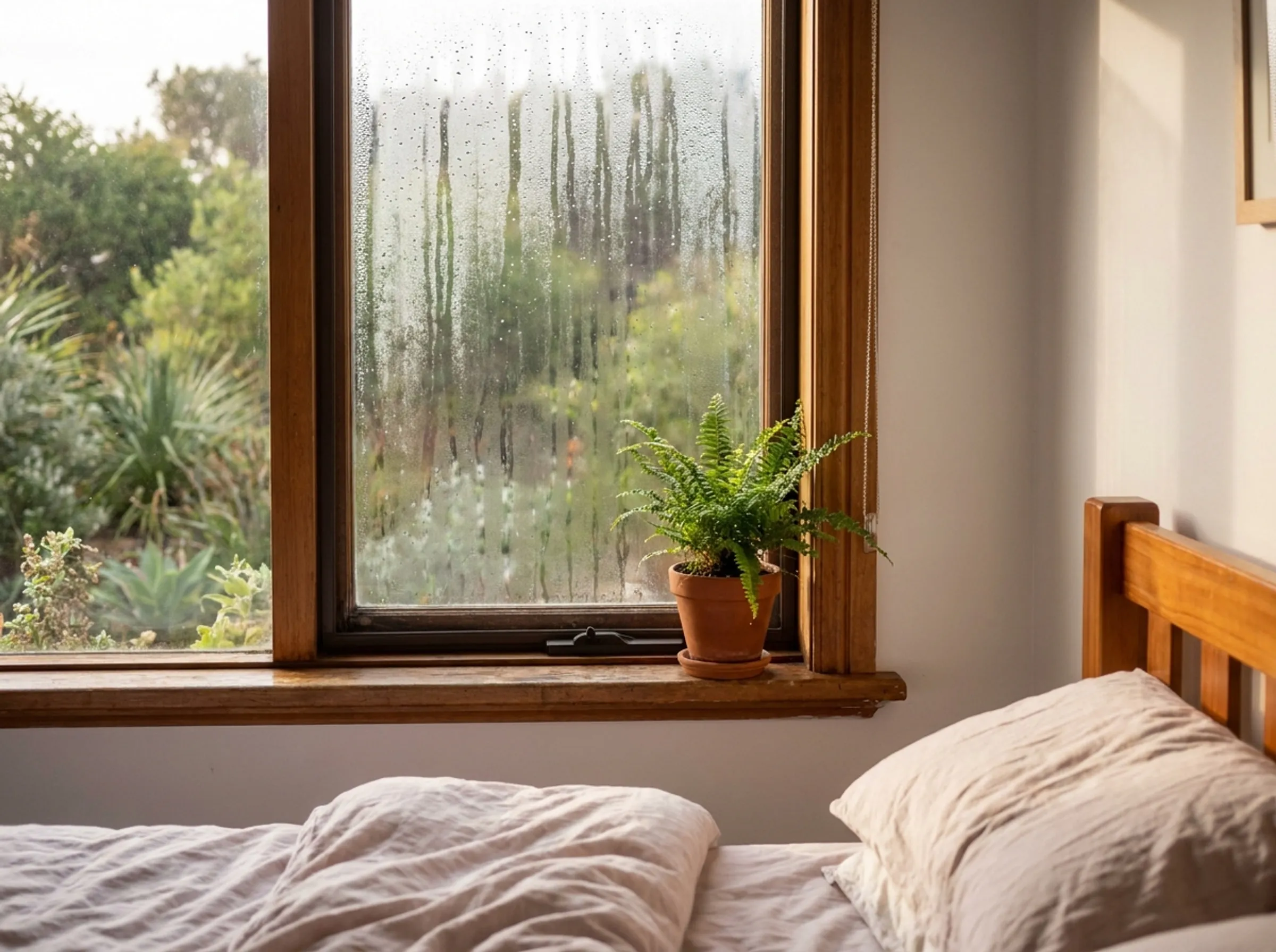 Condensation running down the inside of a bedroom window on a humid morning