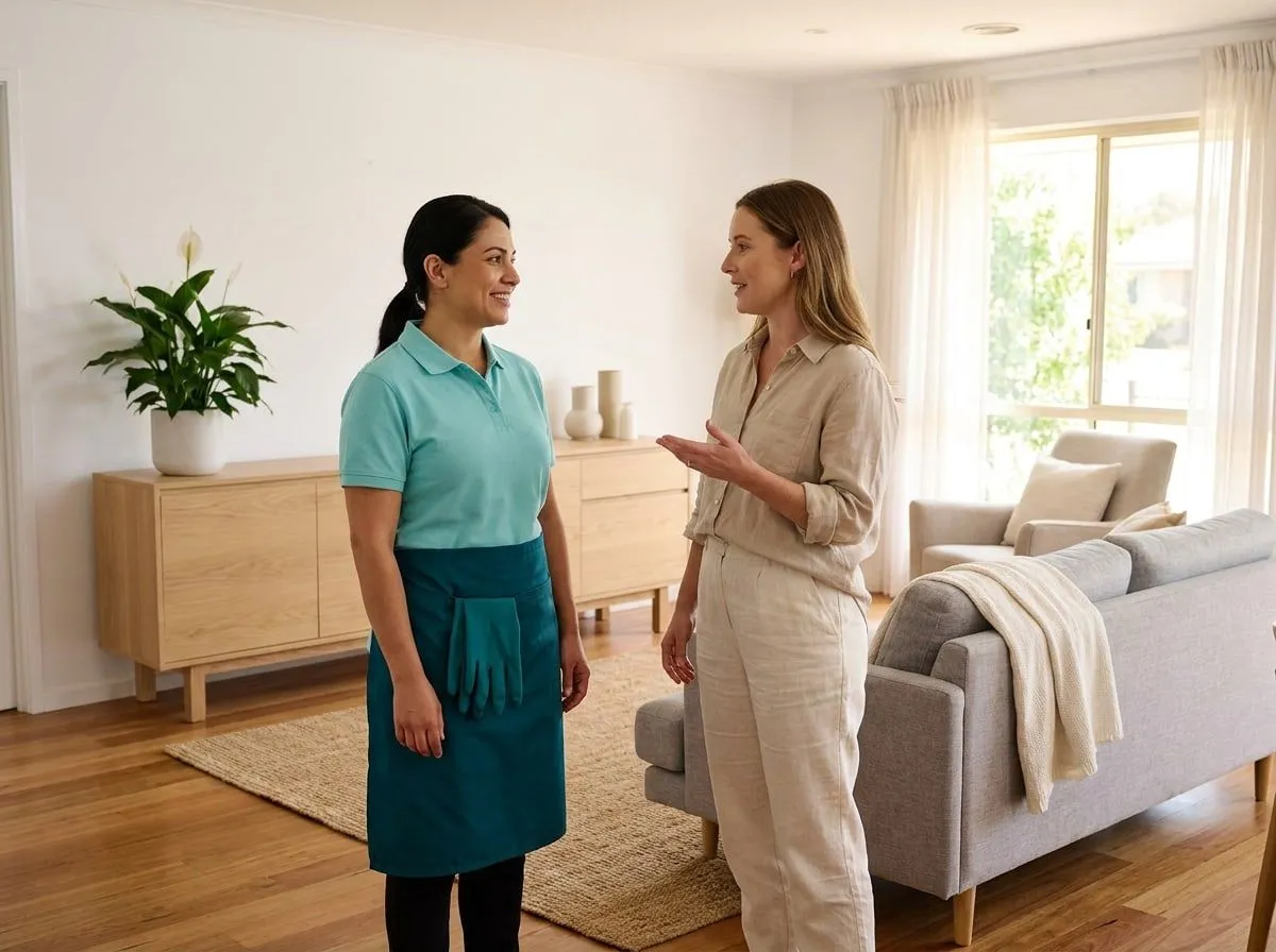 A TLB cleaner and a support coordinator talking in the living room of a home, relaxed and unhurried
