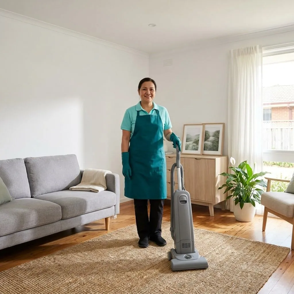 A TLB cleaner in an aqua polo and dark teal apron standing with her vacuum in a comfortable, lived-in living room, turning toward the camera with a warm, open expression