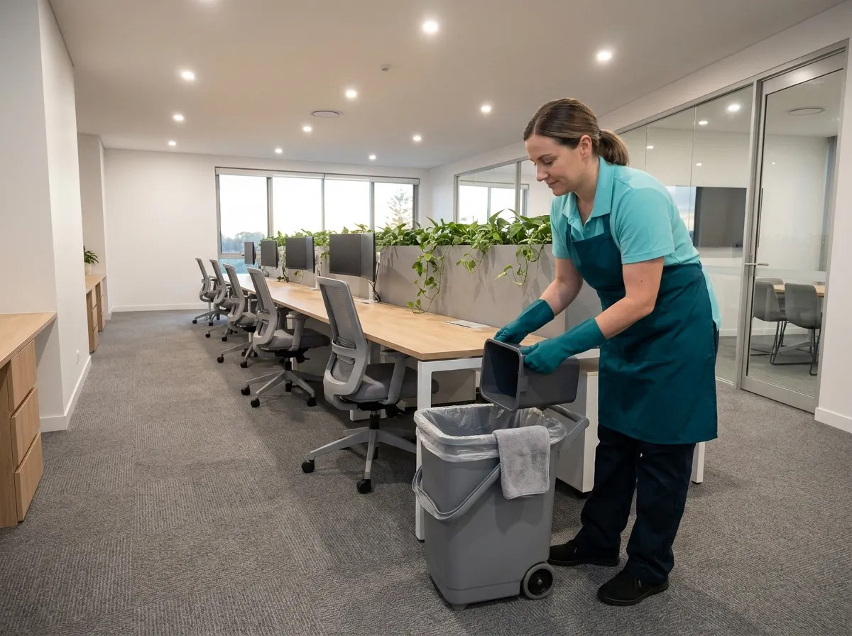 A cleaner emptying an under-desk bin into a janitorial caddy along a bank of empty office workstations