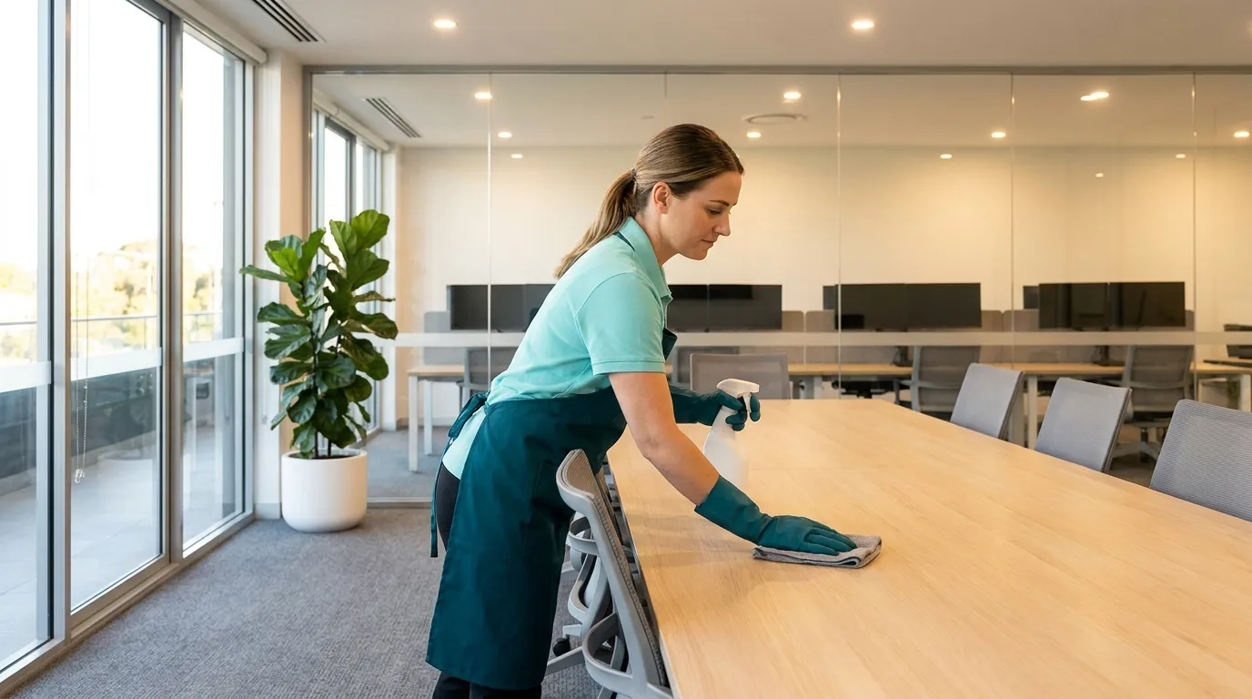 A cleaner in an aqua polo and dark teal apron wiping down a boardroom table in an open plan office after hours