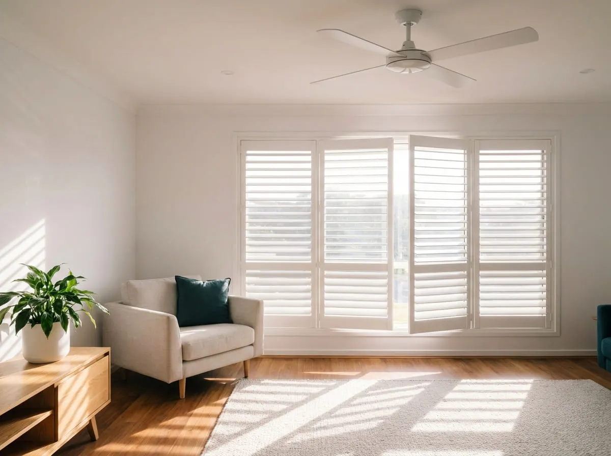 A living room with white plantation shutters half open and a ceiling fan above, morning light striping the floor