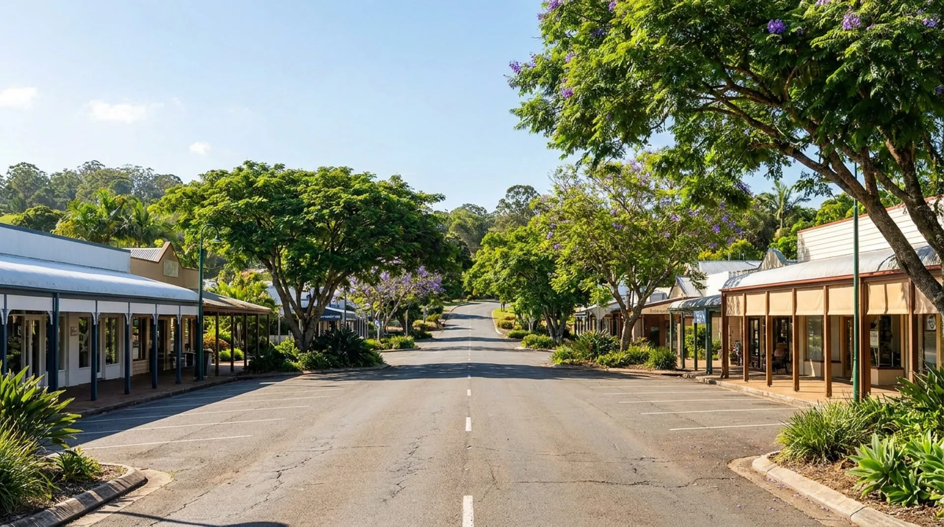A wide village main street of low shopfronts under mature shade trees