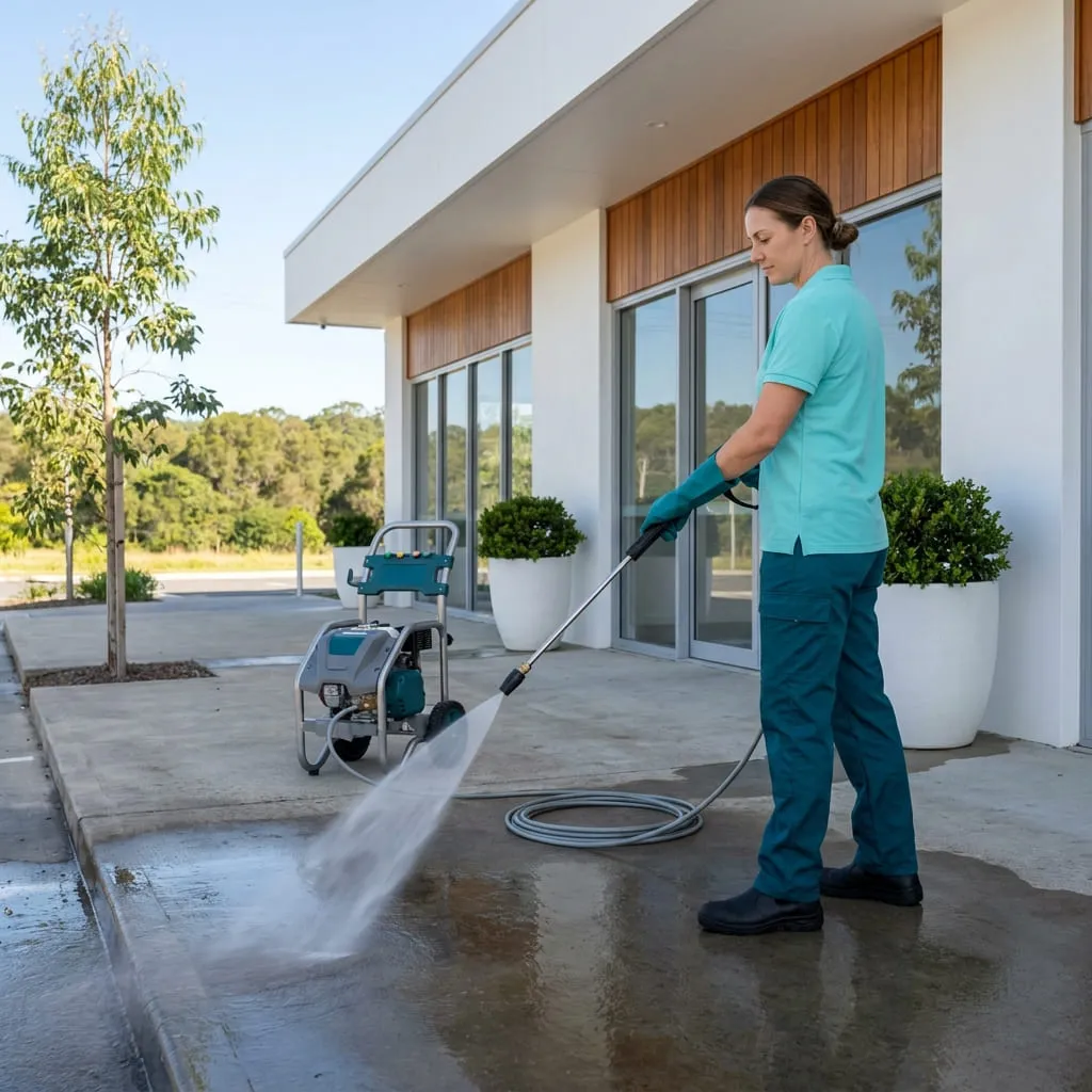 A cleaner in an aqua polo and teal gloves pressure washing the concrete forecourt outside a modern commercial building, the cleaned slab wet behind the spray