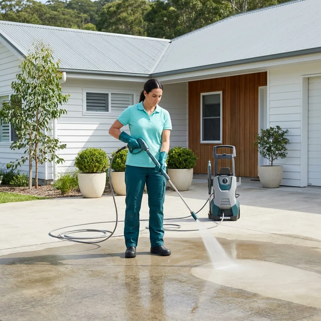 A cleaner in an aqua polo and teal gloves pressure washing the concrete driveway of a white weatherboard home, the cleaned slab wet and pale behind the spray
