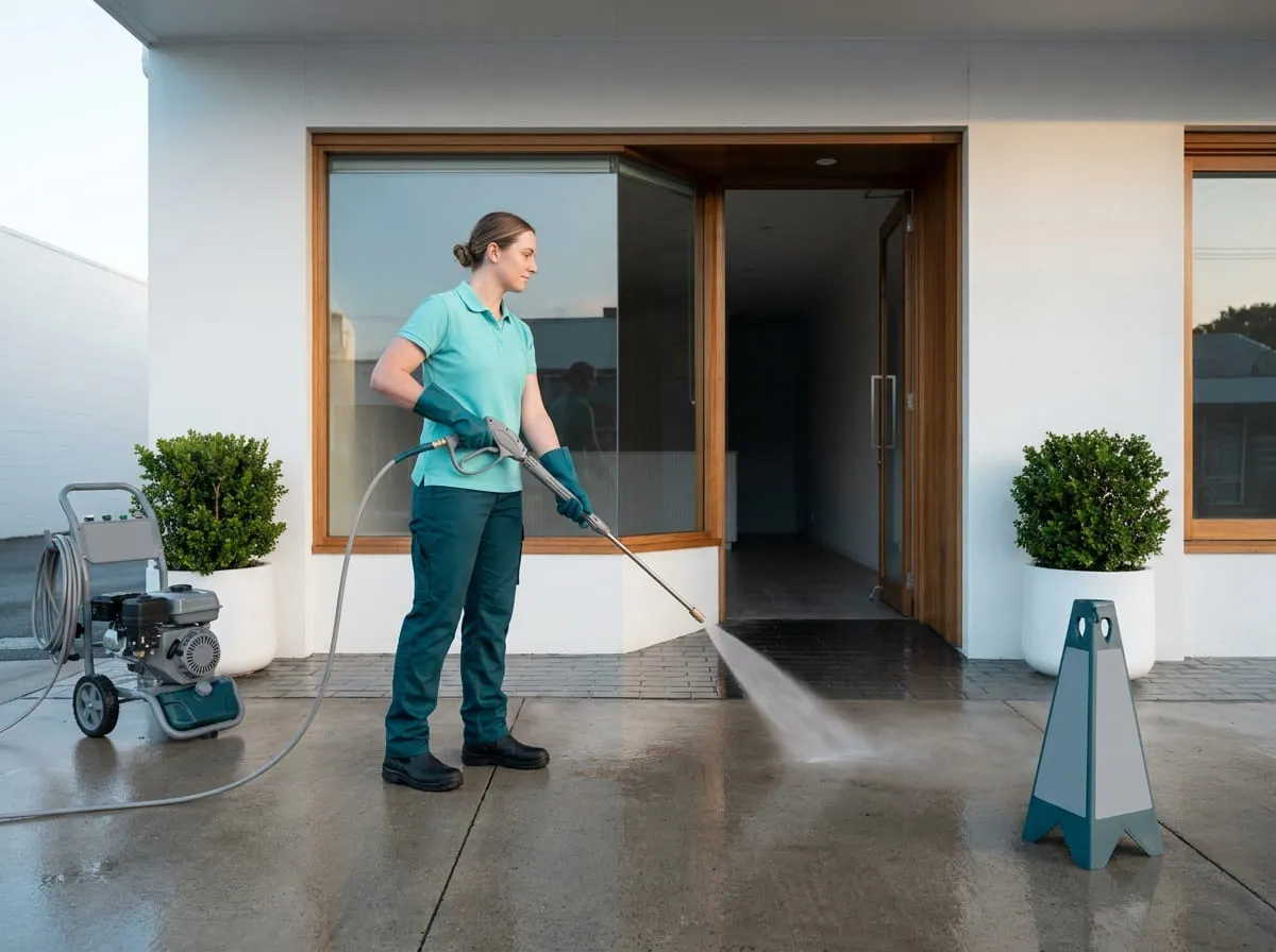 A cleaner pressure washing the footpath outside a shopfront in the early morning before opening, with a blank hazard sign at the edge of the wet area