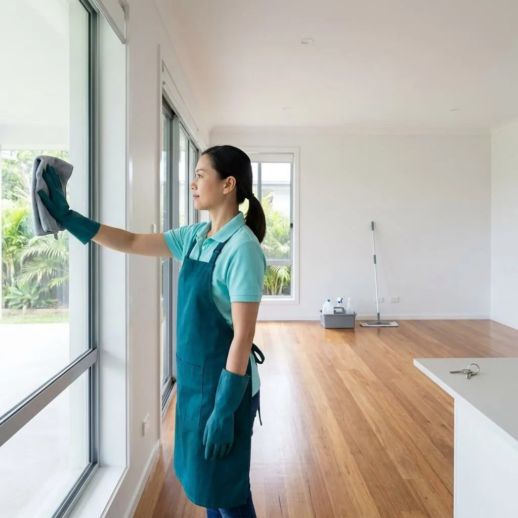 A cleaner in an aqua polo and dark teal apron finishing the last window of an empty, freshly vacated rental home, with the keys left on the kitchen bench