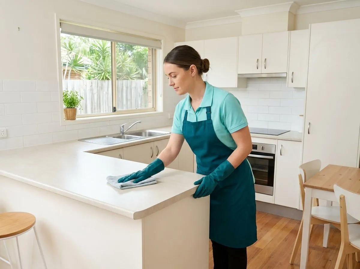 A cleaner in an aqua polo and dark teal apron wiping down the benchtop of a tidy, furnished rental kitchen during a routine scheduled clean