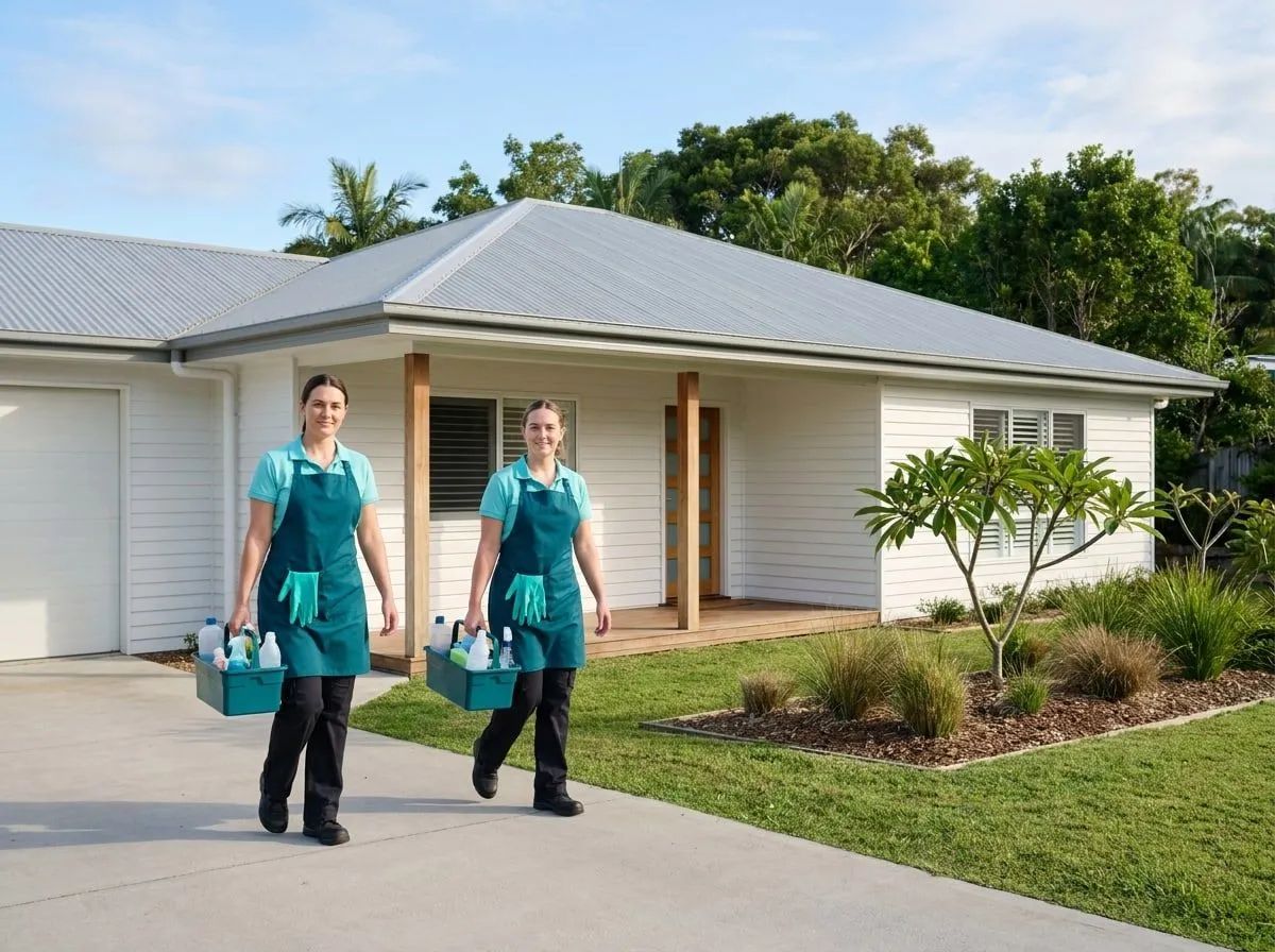 Two cleaners in aqua polos and dark teal aprons walking up the front path of a well-kept coastal rental house, each carrying a cleaning caddy