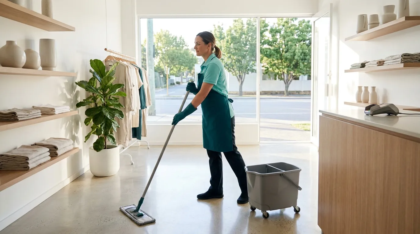 A cleaner mopping the polished concrete floor of a bright coastal homewares shop before opening