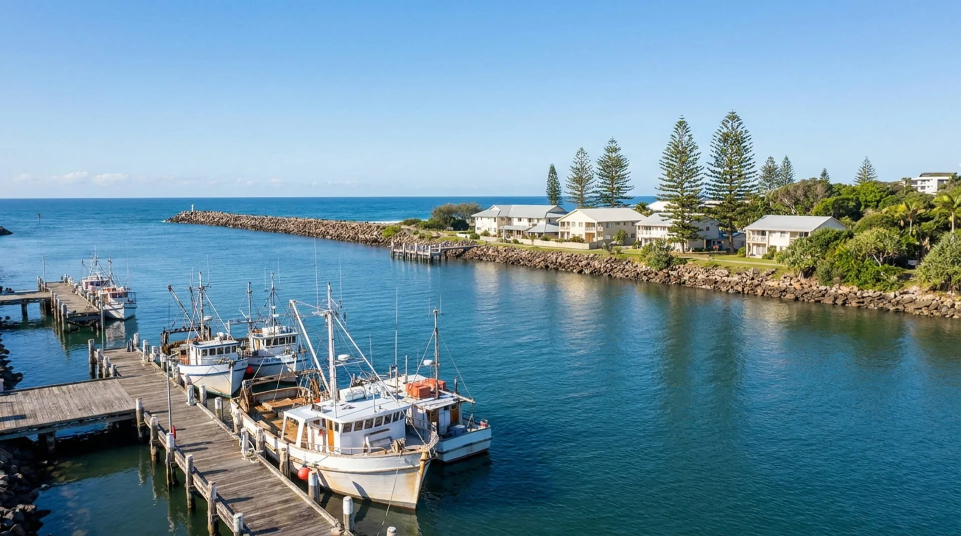 Fishing trawlers moored on a wide river mouth with a long rock breakwall beyond