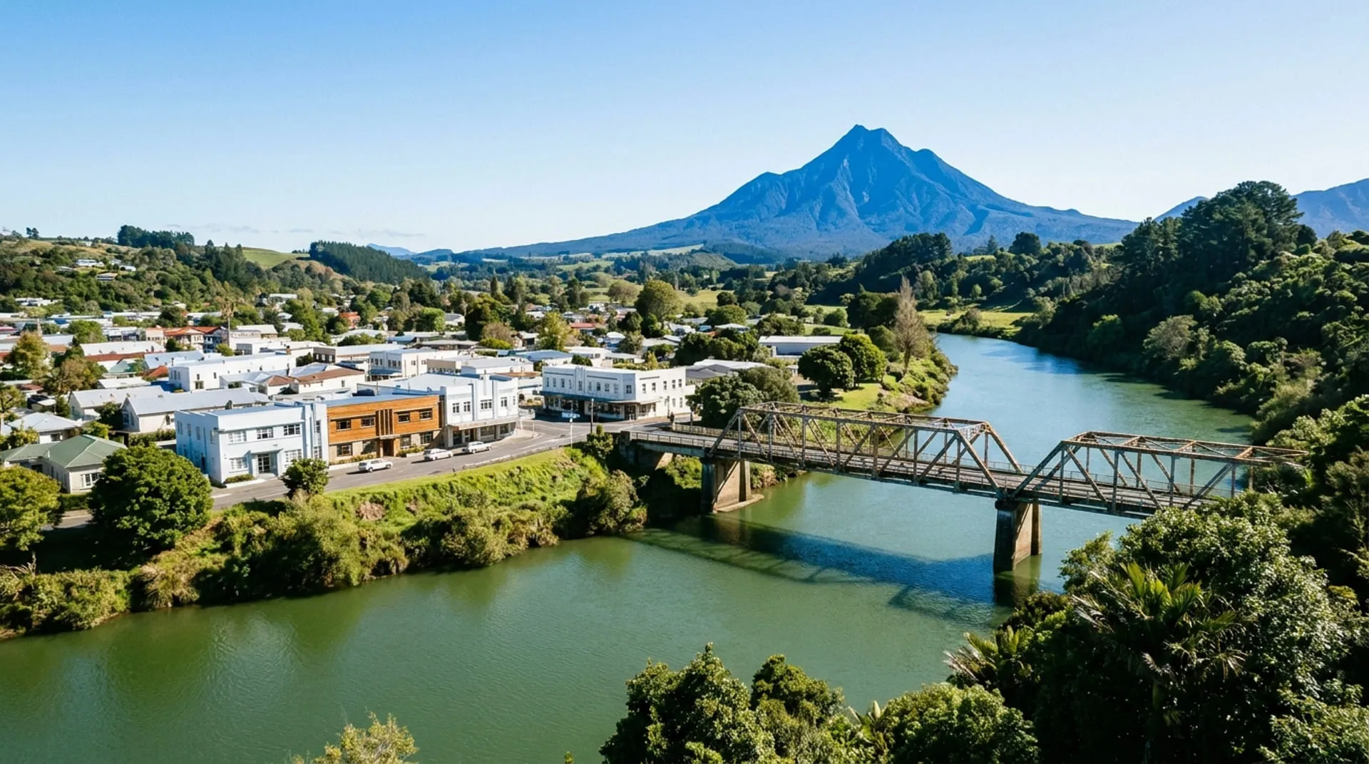 A steel truss bridge over a river beside a low-rise town, a sharp volcanic peak behind