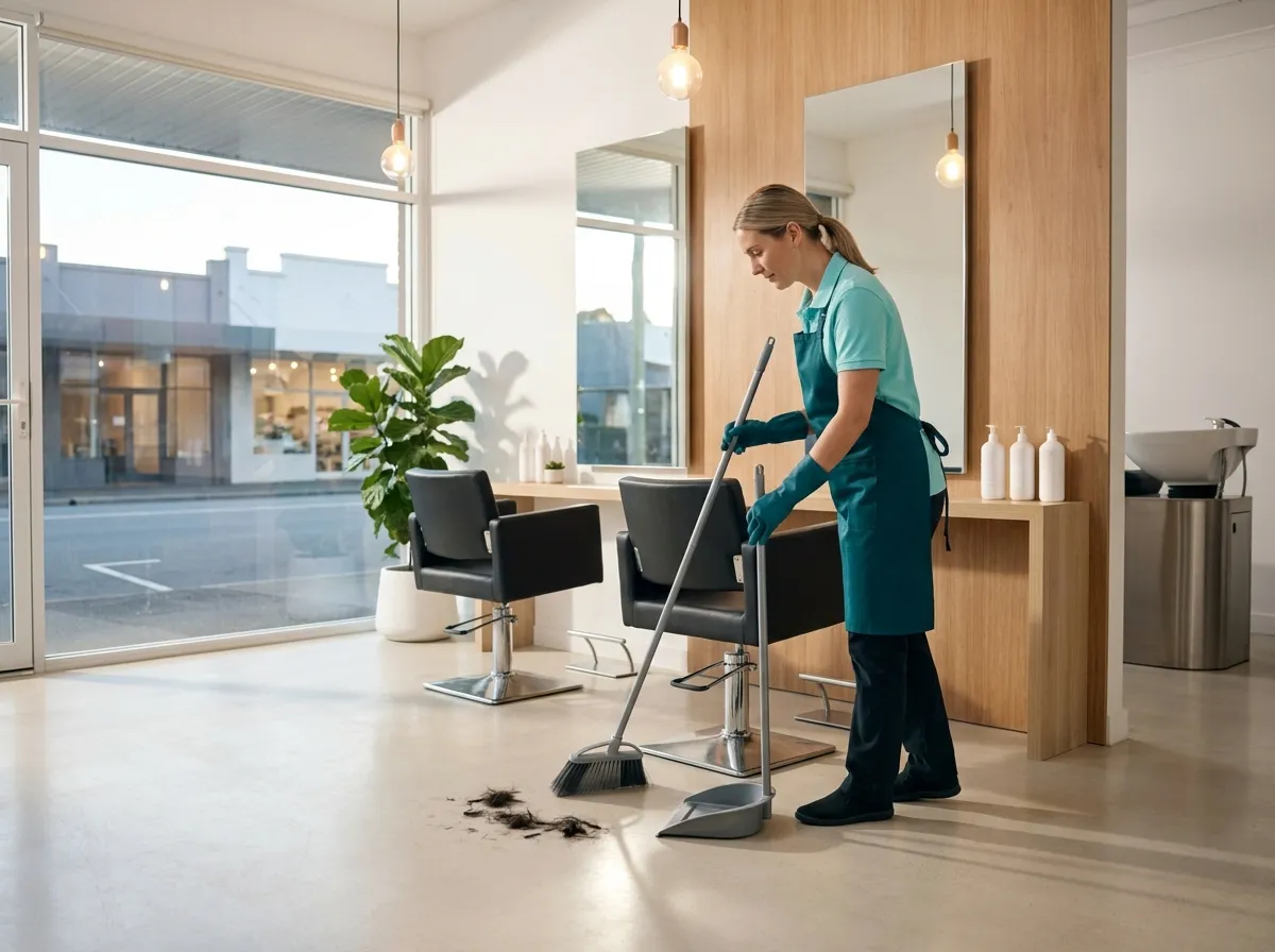 A cleaner sweeping the floor beneath a styling chair in a bright hair salon after close