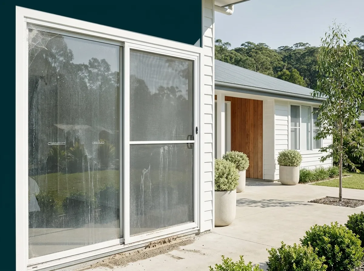 A large sliding glass door on a coastal home seen from outside, the glass dulled by salt haze and hard water spotting, with grit in the bottom track