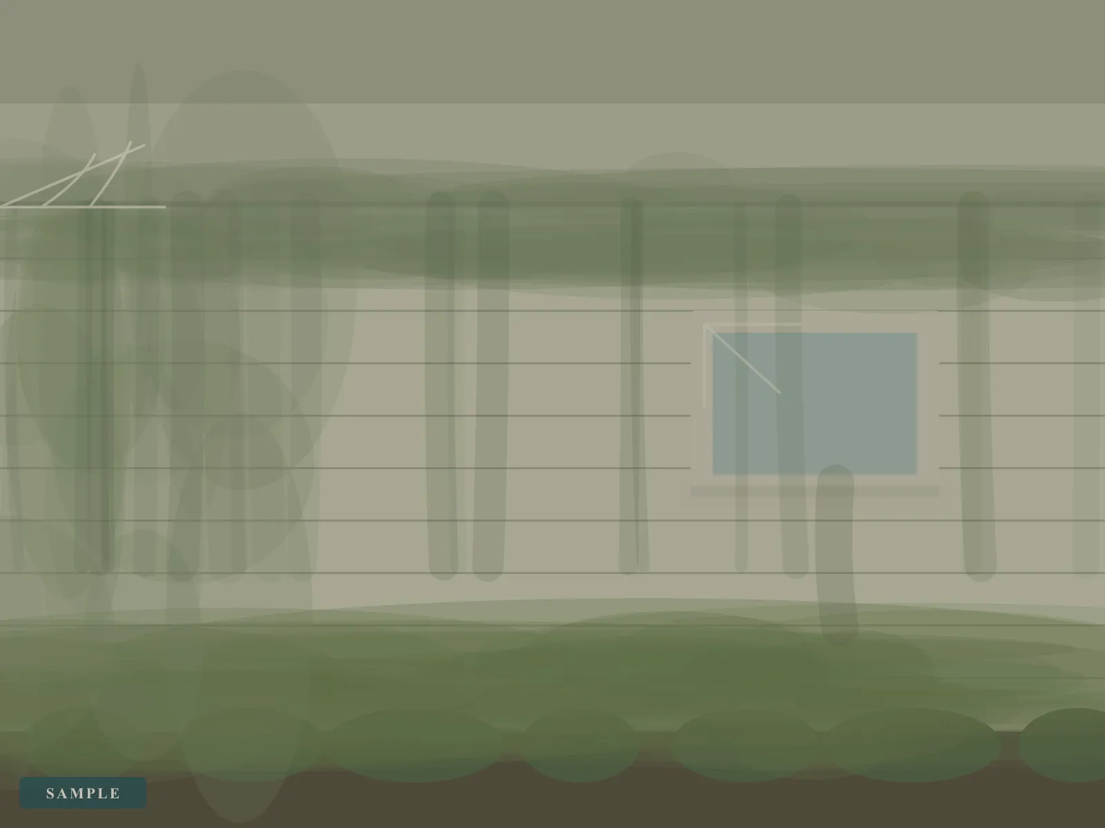 Sample illustration: a weatherboard wall filmed with grey green mould, streaks under the eaves, cobwebs in the soffit and green growth at the base