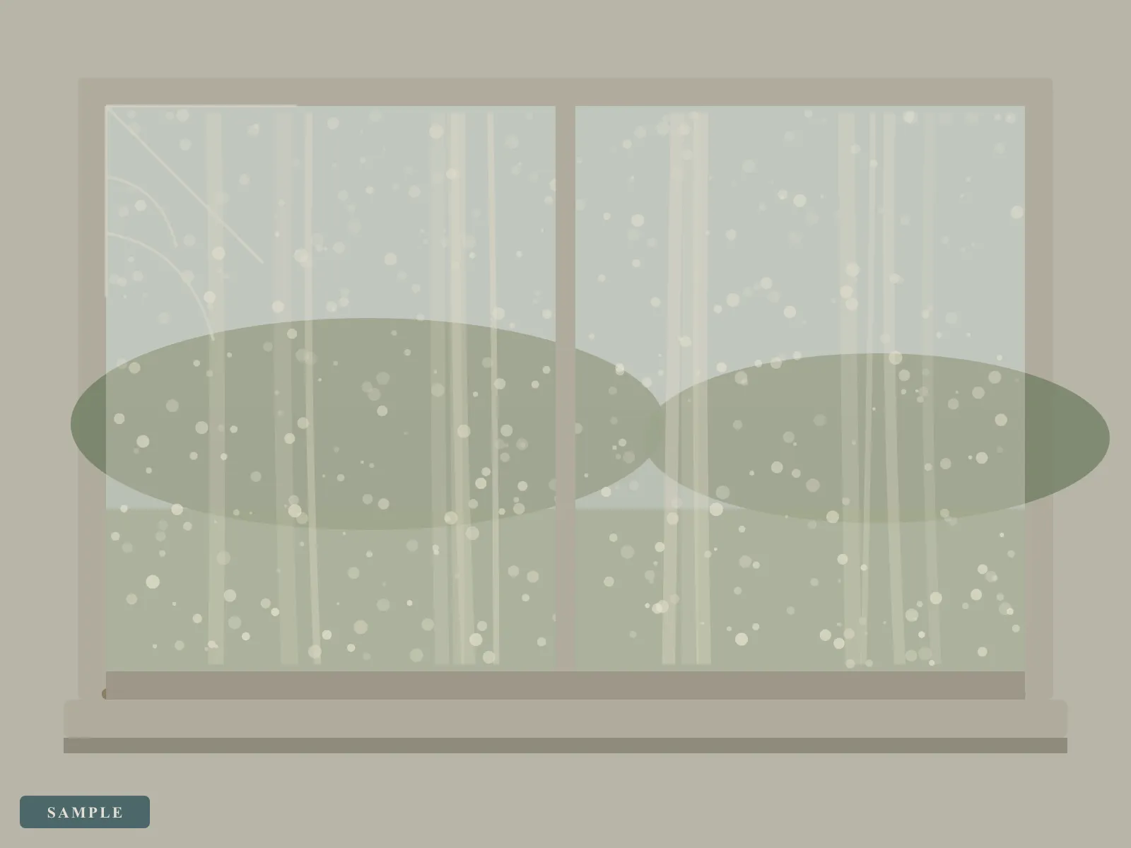 Sample illustration: a window pane hazy with salt film and hard water spotting, grit in the track