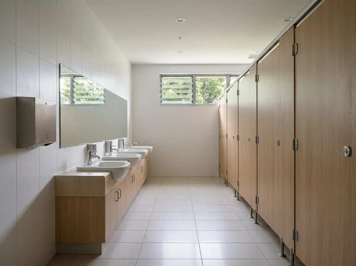 A clean, empty primary school bathroom block after hours, basins and cubicles dry and finished