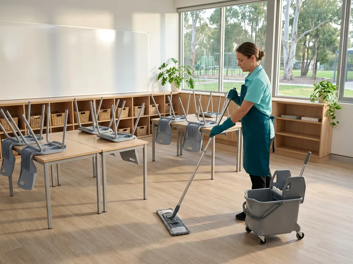 A cleaner mopping the vinyl floor of a bright primary school classroom after hours, chairs stacked on the desks