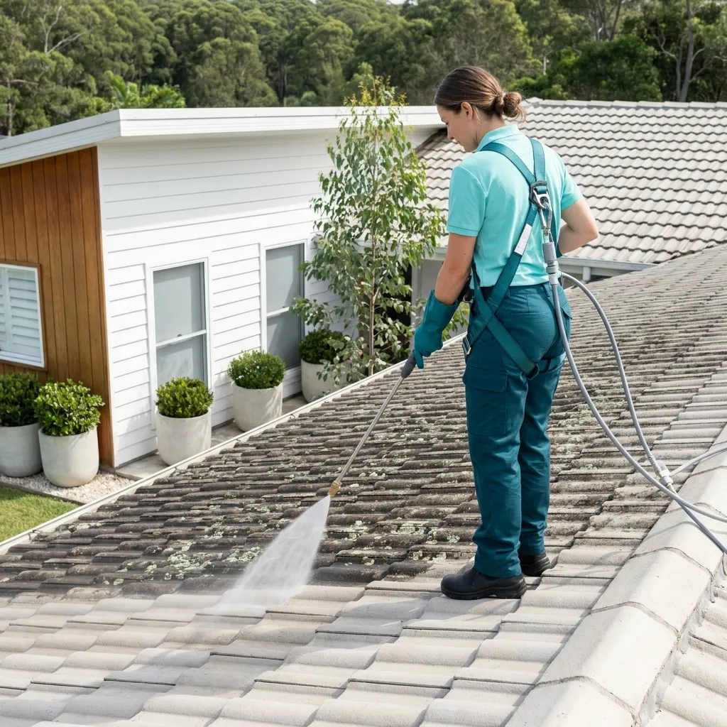 A cleaner in an aqua polo and a teal safety harness soft washing a tiled roof with a low pressure lance, the treated tiles pale and the untreated ones still dark with algae