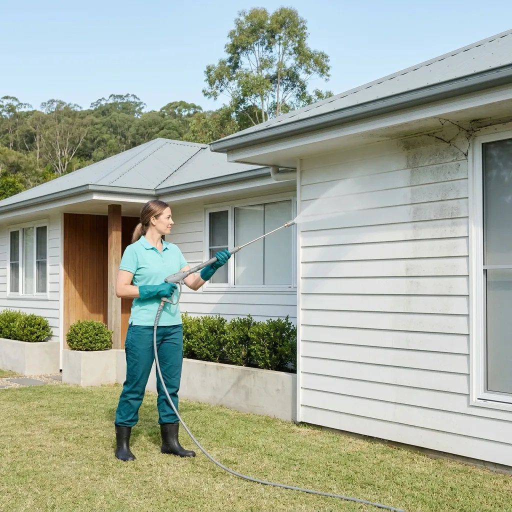 A cleaner in an aqua polo and teal gloves soft washing the white weatherboard wall of a home with a low pressure lance, the treated boards bright and the untreated section still greyed