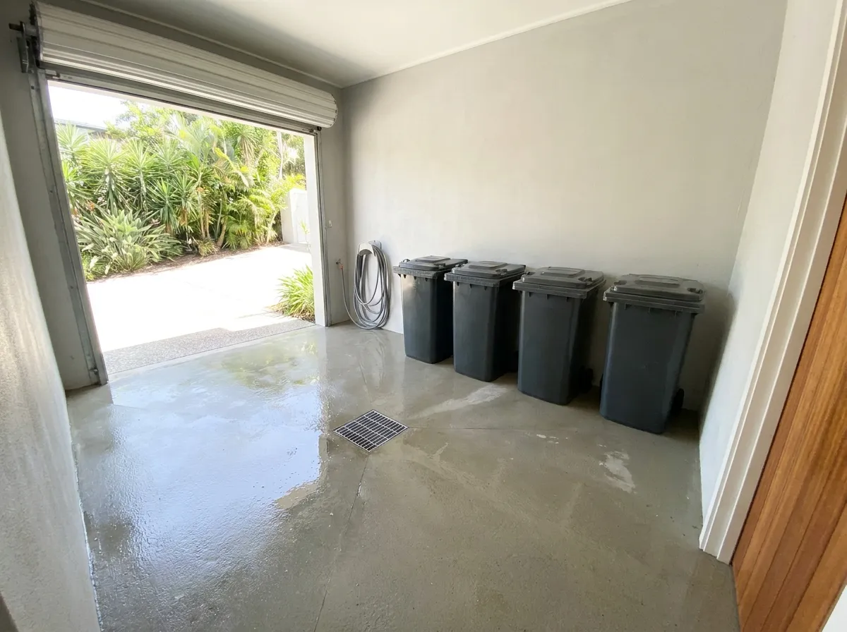 A clean, empty communal bin room in an apartment building, freshly hosed out with the floor draining