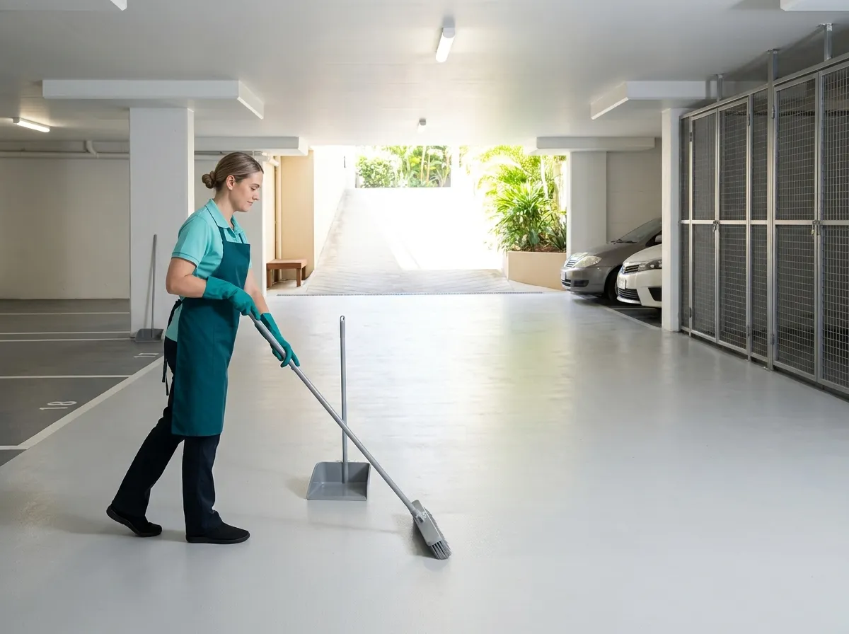 A cleaner sweeping the concrete floor of a clean apartment basement carpark towards the daylight at the ramp