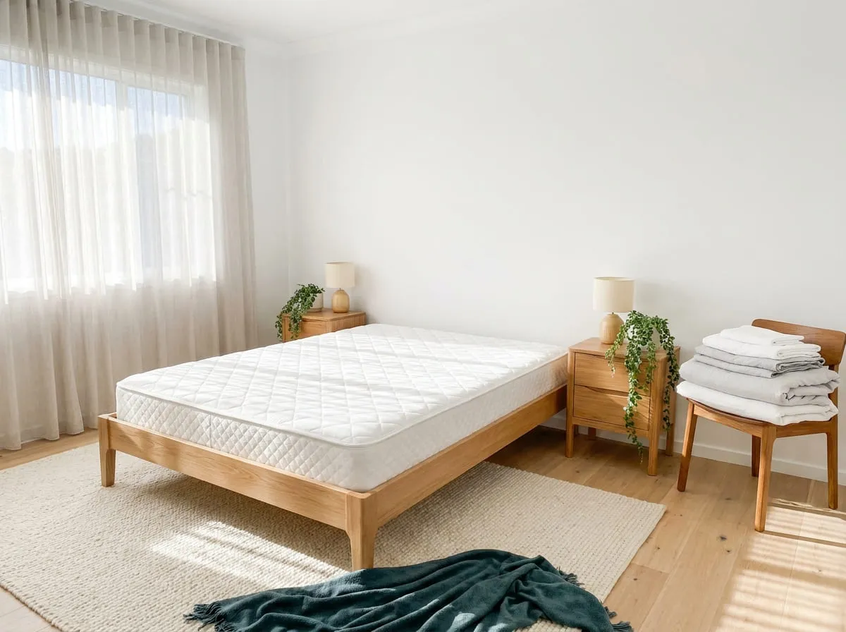 A bed stripped back to a bare mattress with the linen folded on a chair beside it