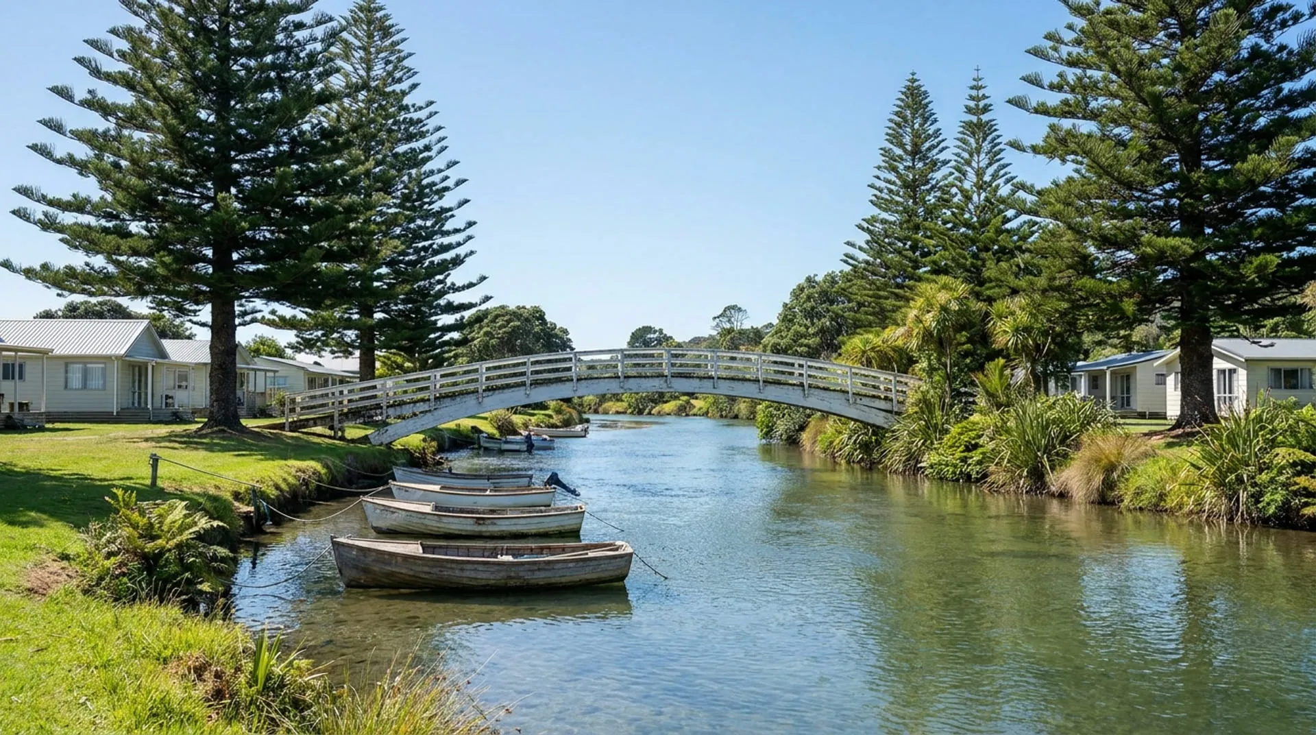 A white timber footbridge over a tidal river with small fishing boats moored alongside