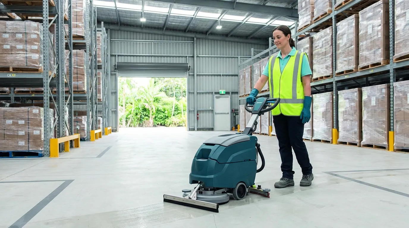 A cleaner in a high-visibility vest walking a compact floor scrubbing machine down a wide aisle in a bright, tidy warehouse