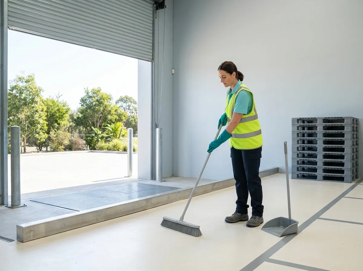 A cleaner in a high-visibility vest sweeping the concrete apron of a clean, empty warehouse loading dock with the roller door up