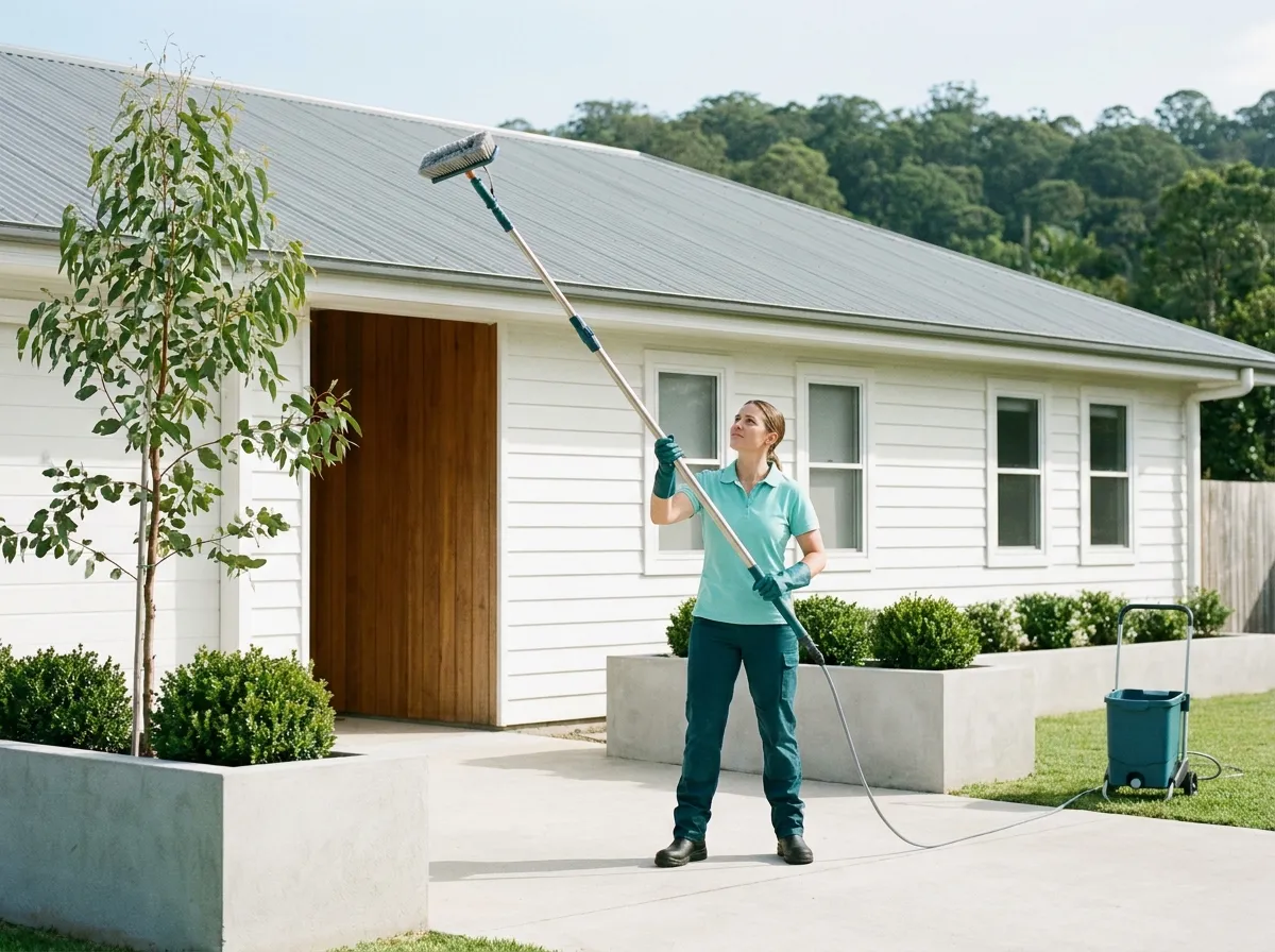 A cleaner standing safely on the lawn using a long water-fed pole with a soft brush head to clean a first-floor window of a home