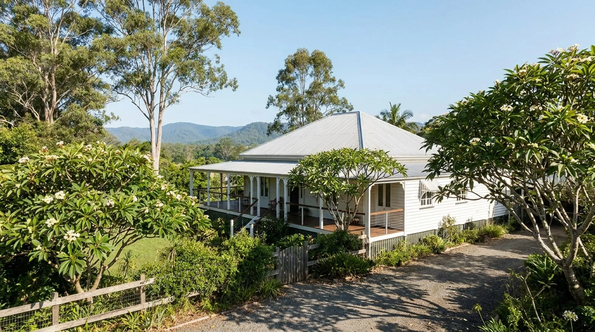 A weatherboard Northern Rivers home with the hinterland hills behind it