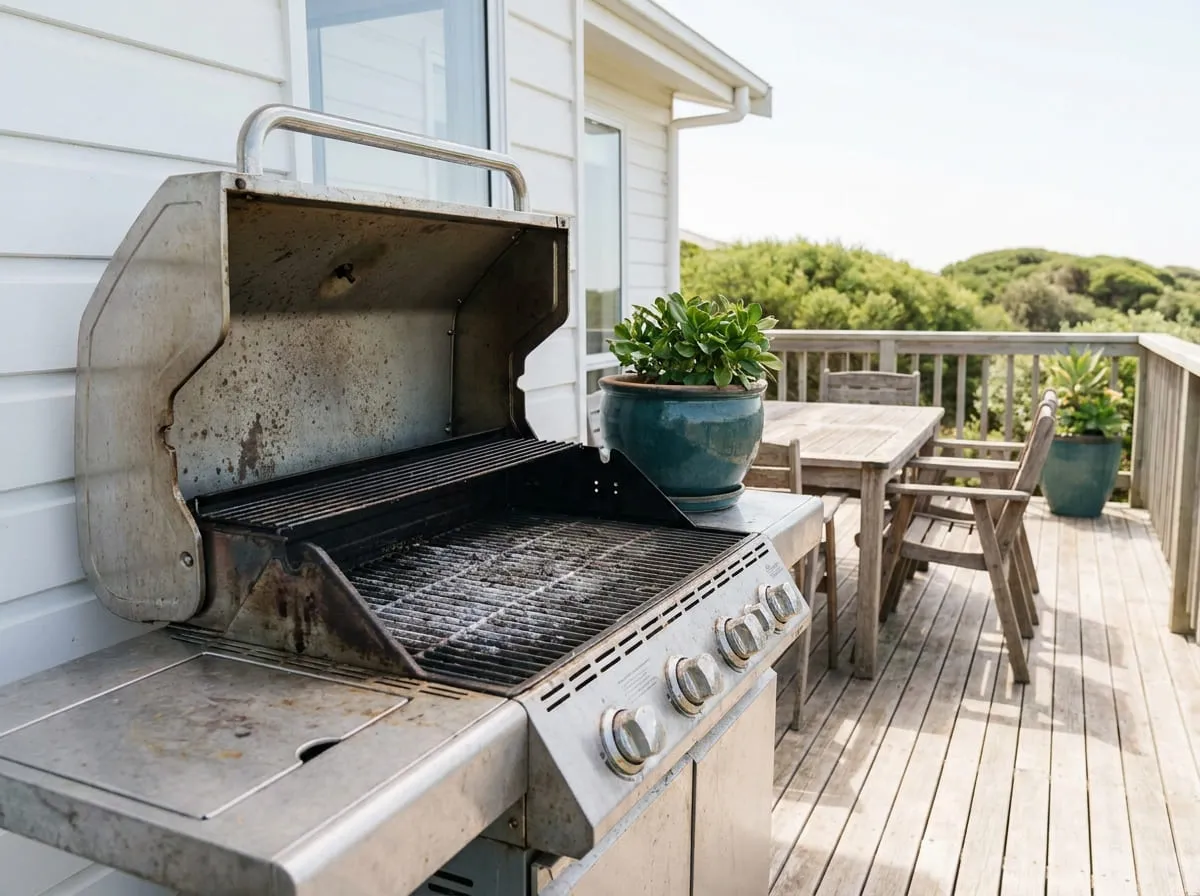 A well-used stainless barbecue with the lid open on the timber deck of a coastal home