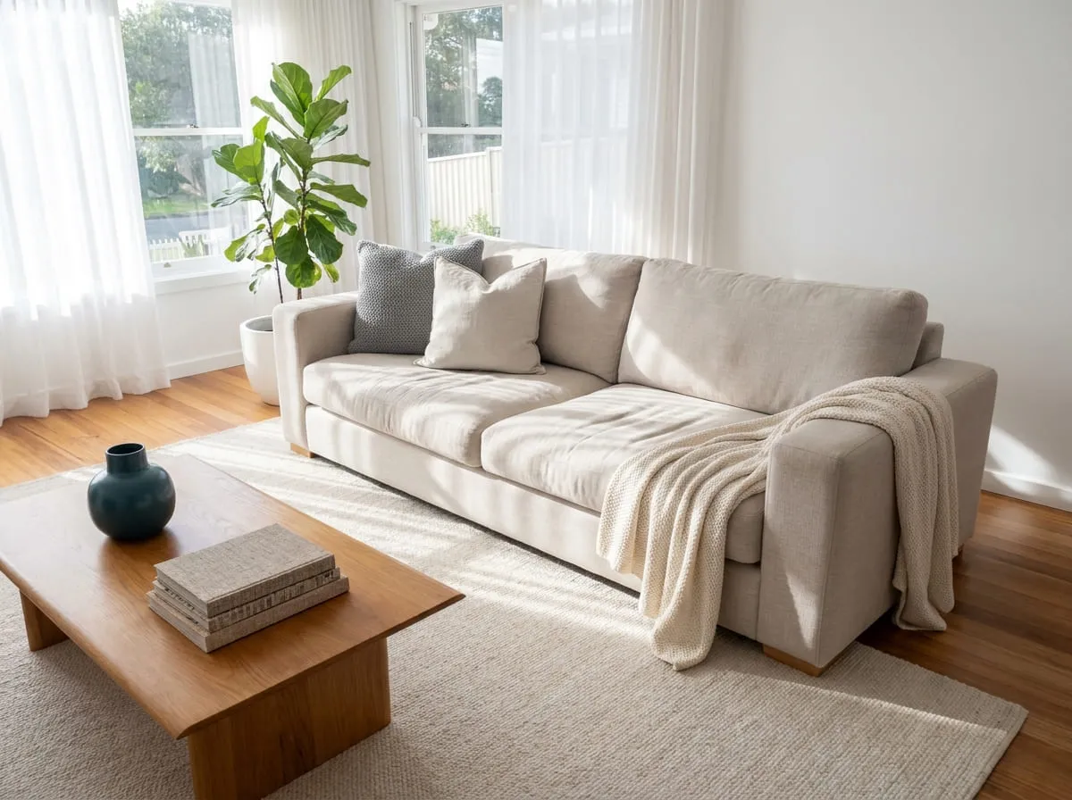 A well-used pale oatmeal fabric sofa in a bright family living room