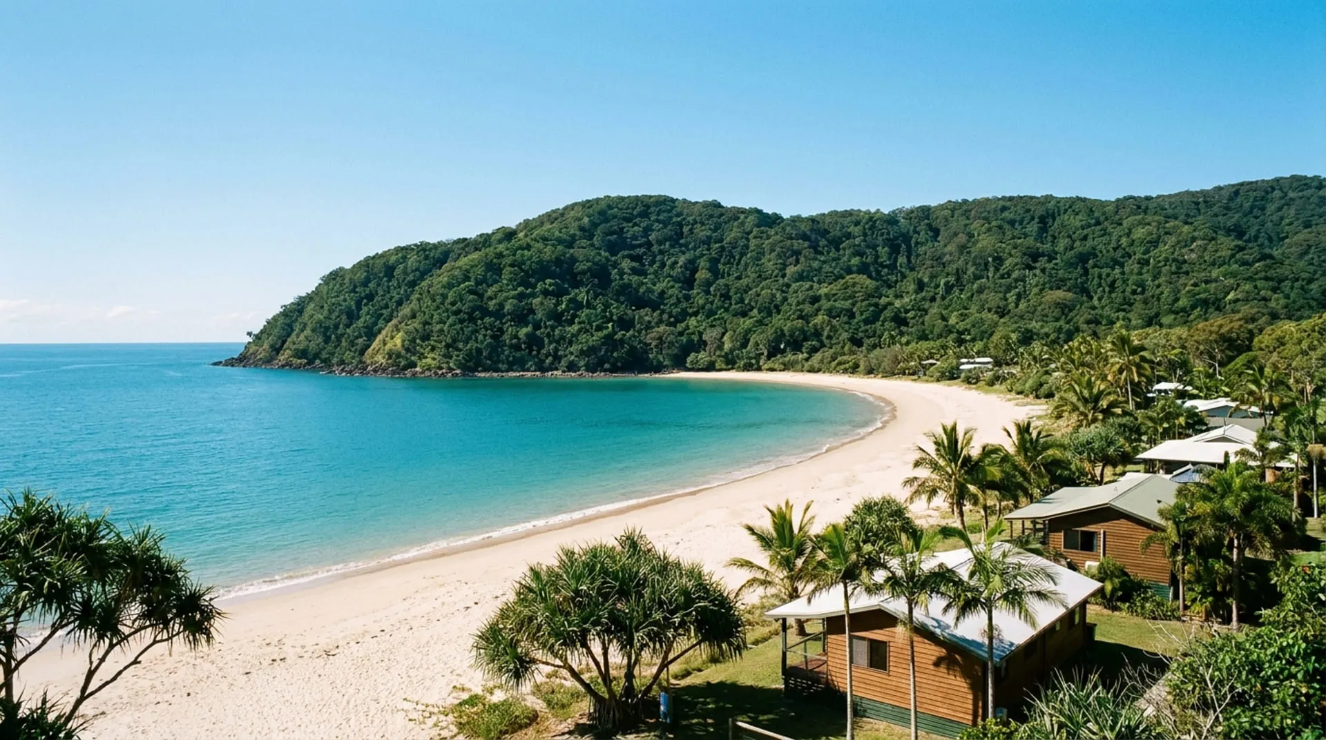 A wide curving bay of pale sand and turquoise water below a green forested headland