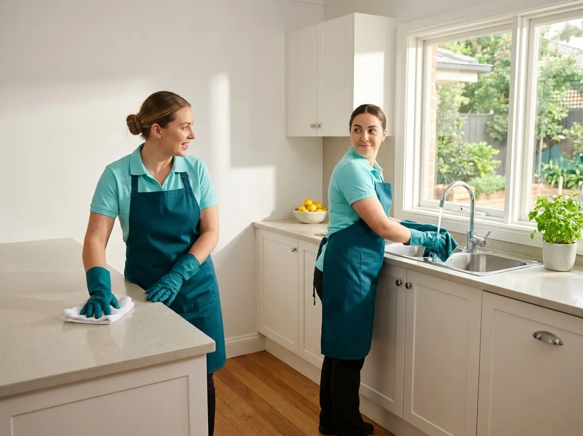 Two TLB cleaners working through a kitchen together on a morning run